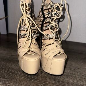 Lace-Up Platform Heels in Beige with Snake-Print Straps